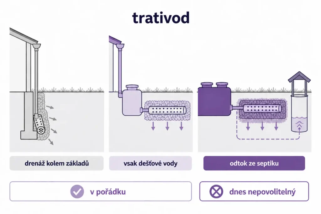 Schéma tří věcí, kterým se říká trativod: drenáž kolem základů, vsak dešťové vody a odtok ze septiku do země