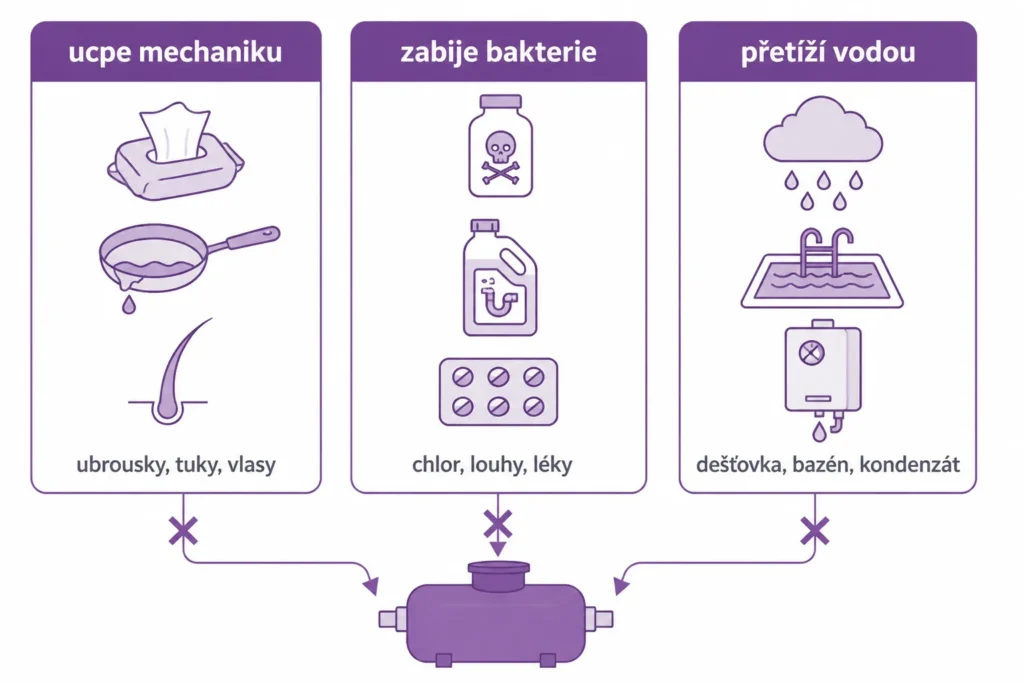 Grafika: co nepatří do domovní ČOV rozdělené na tři skupiny podle typu škody, ucpání, zabití bakterií a přetížení vodou