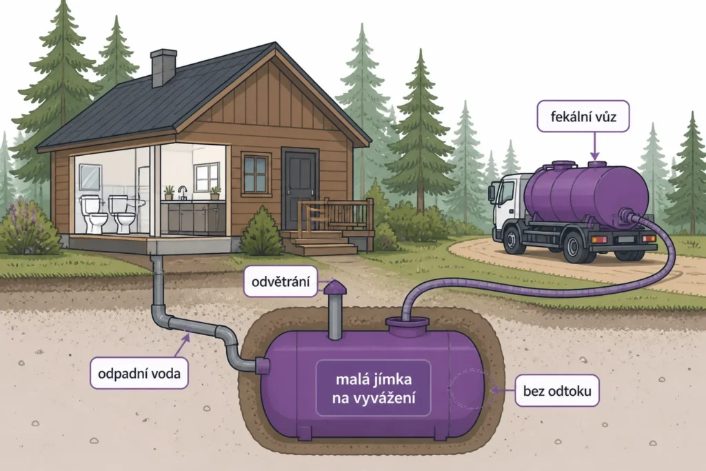 Řez chatou bez elektřiny: odpadní voda teče do malé jímky bez odtoku s odvětráním, k jímce zacouval fekální vůz
