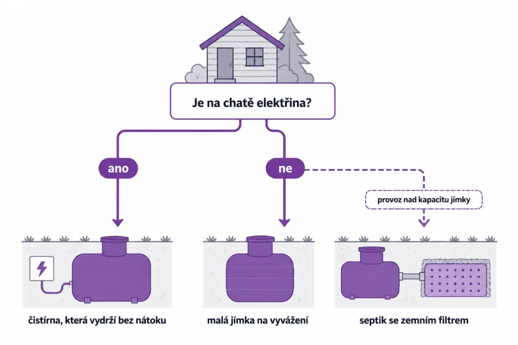Rozhodovací strom: s elektřinou čistírna, která vydrží bez nátoku, bez elektřiny malá jímka, při větším provozu septik se zemním filtrem
