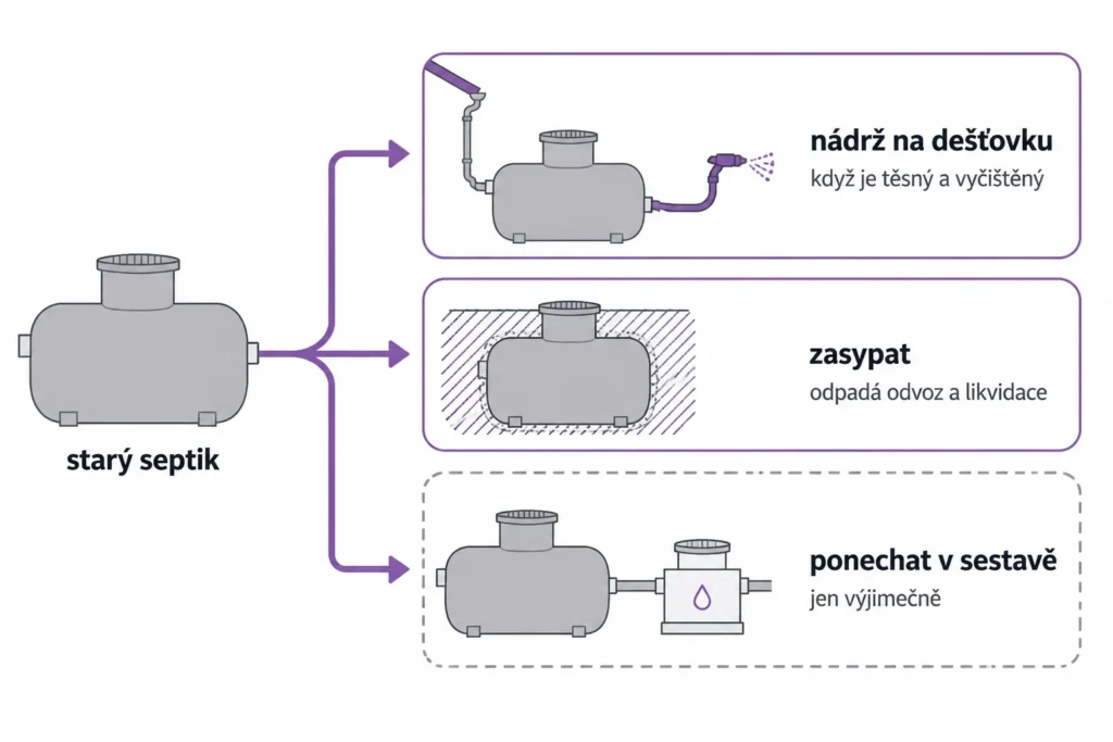 Infografika tří možností pro starý septik při výměně za čistírnu: nádrž na dešťovku, zasypat, výjimečně ponechat v sestavě